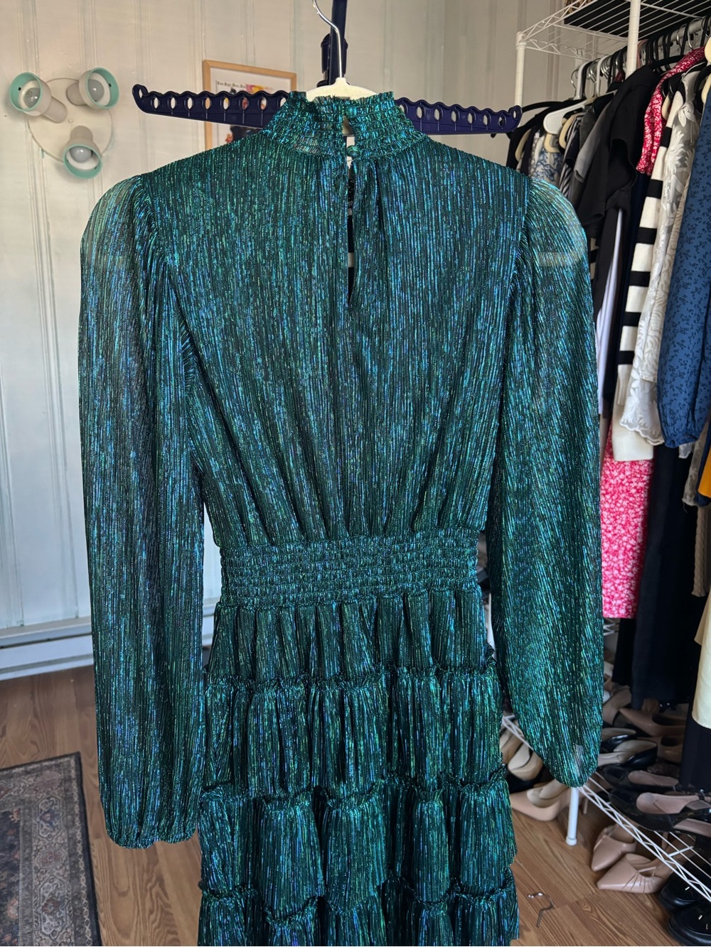 STATE Metallic Teal Long-Sleeve Ruffled Tiered Dress